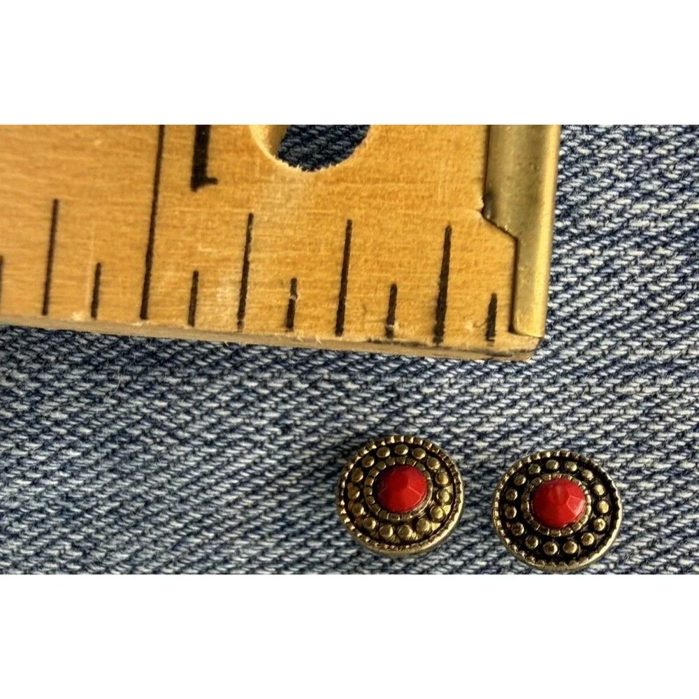 Vintage 1960s Western Red Cabochon Stud Earrings Southwestern Antique Brass